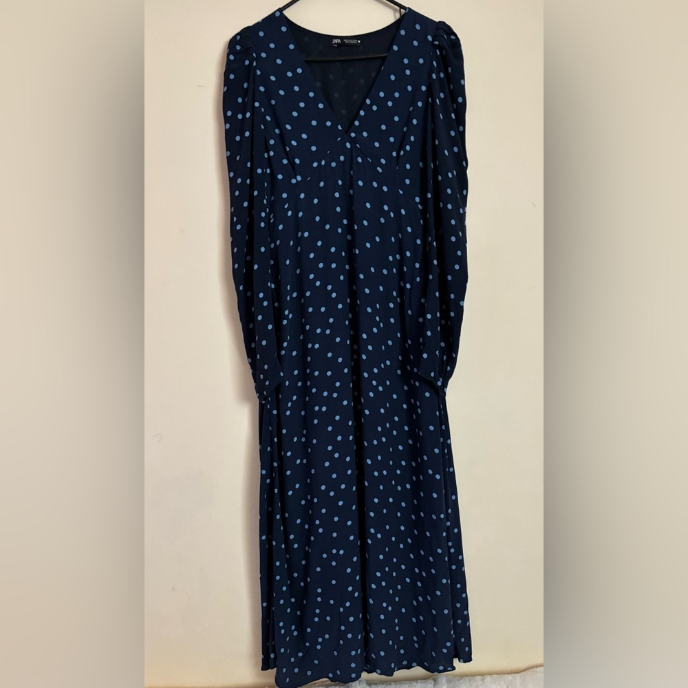 Zara Women V neck with Light Blue Polka Dots Maxi Dress